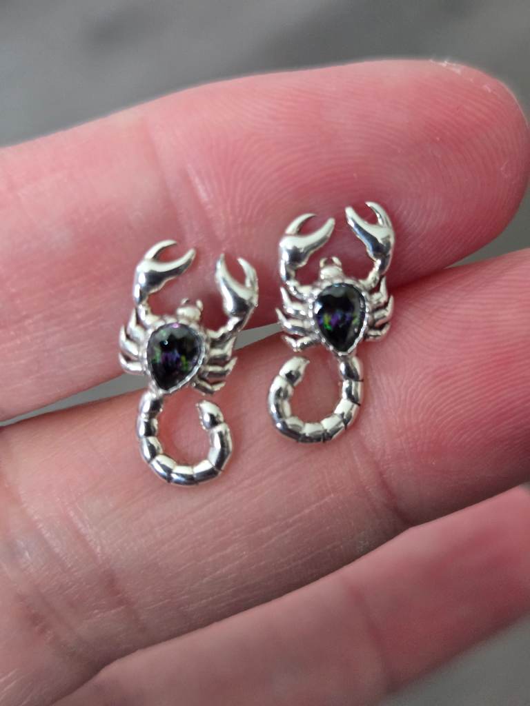 925 Sterling Silver Mystic CZ Scorpion Stud Earrings