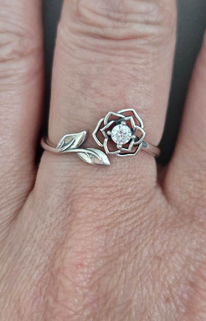 S925 Sterling Silver Adjustable Flower Ring CZ Rose Blossom Floral Ring