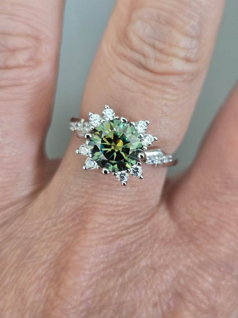 925 Sterling Silver Blue Green Moissanite Halo Ring CZ Accents Size O / US 7