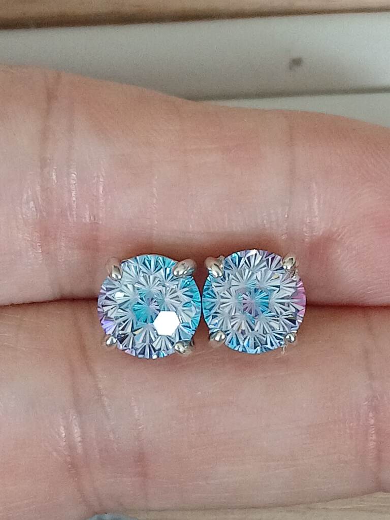 925 Sterling Silver 8mm Blue Purple Firework Cut CZ Stud Earrings