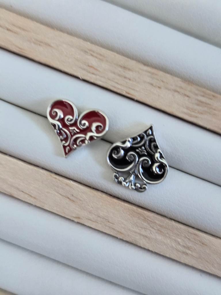 S925 Sterling Silver Heart & Spade Stud Earrings Red Black Enamel Gothic Poker Card