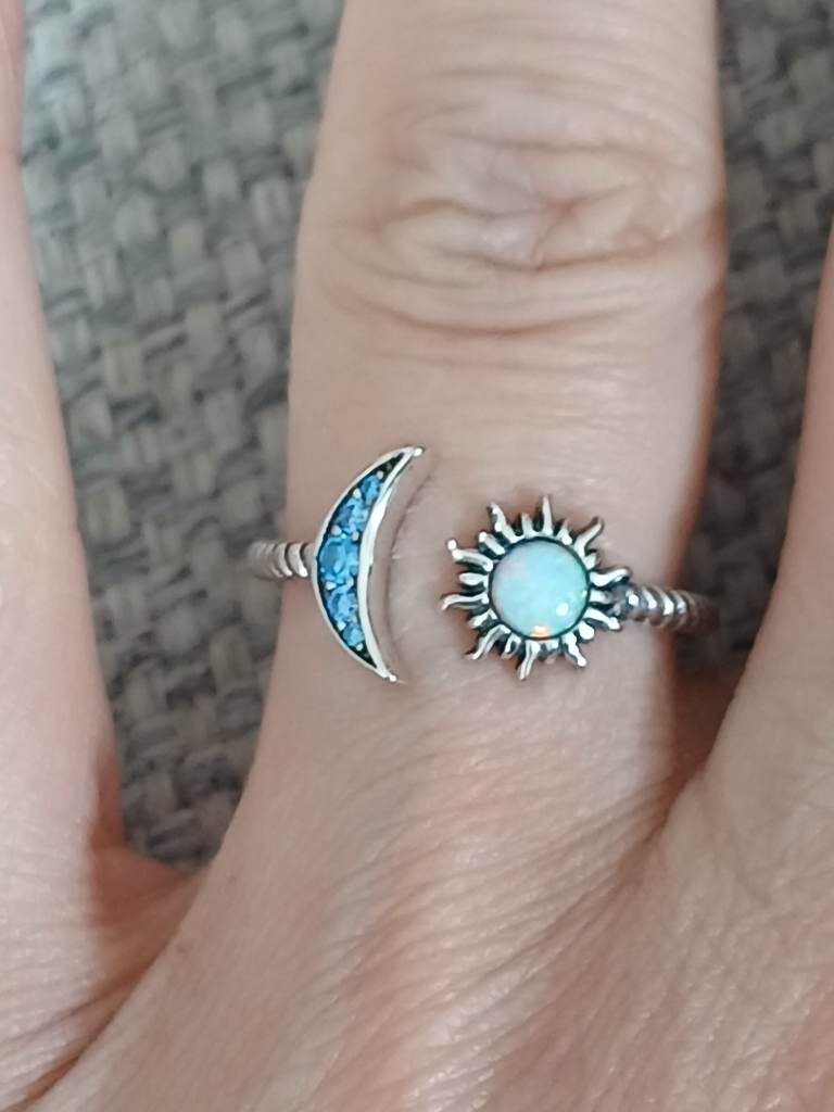 S925 Sterling Silver Moon Sun Opal Adjustable Ring Celestial Boho