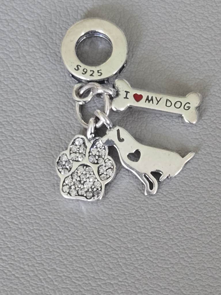 S925 Sterling Silver I Love My Dog Dangle Charm Paw Print Dog Bone