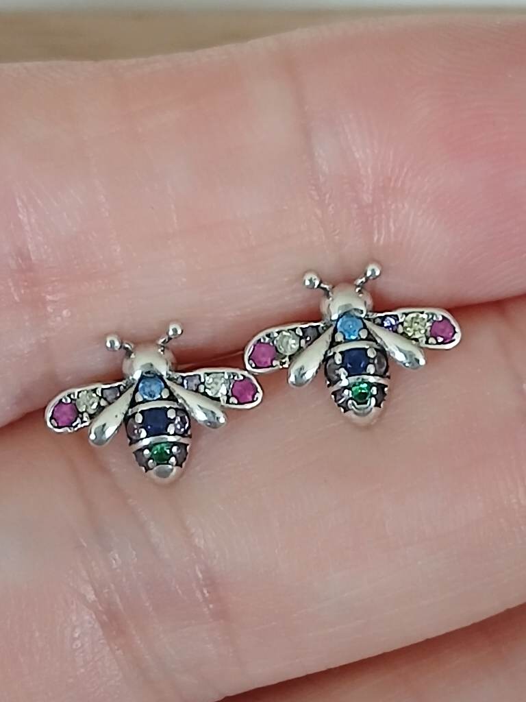 Sterling Silver Rainbow Bee Stud Earrings S925 Colourful Crystal Bee Earrings