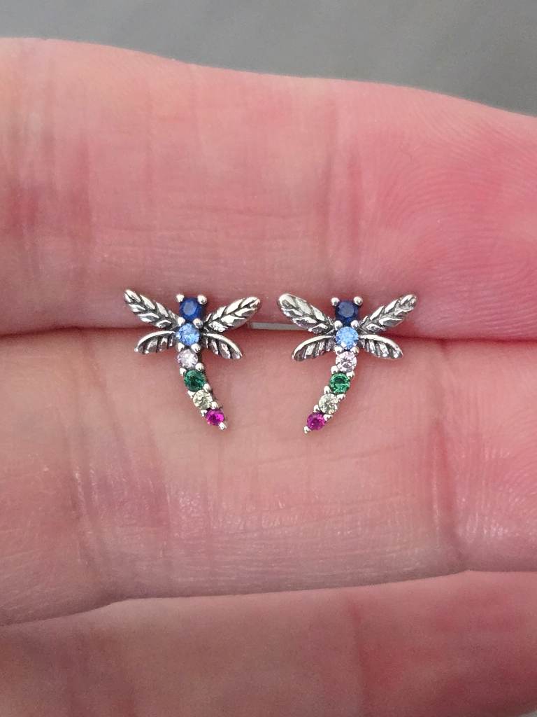 925 Sterling Silver Rainbow Dragonfly Stud Earrings Colourful CZ S925