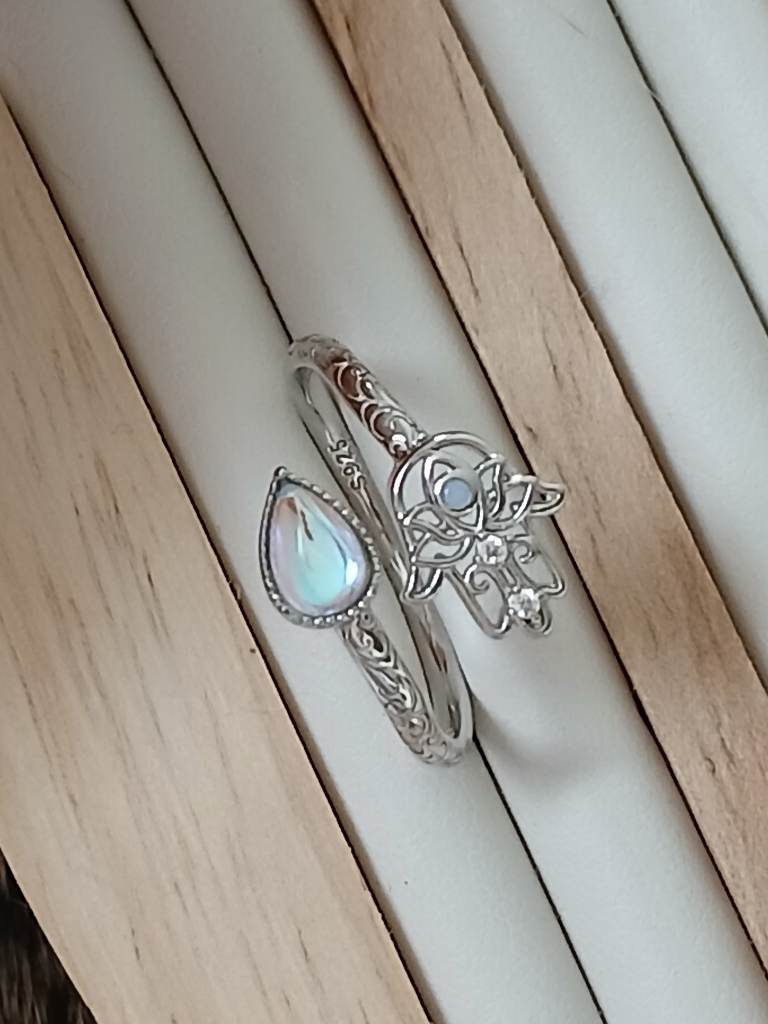 925 Sterling Silver Moonstone Hamsa Hand Adjustable Ring | Evil Eye Open Ring