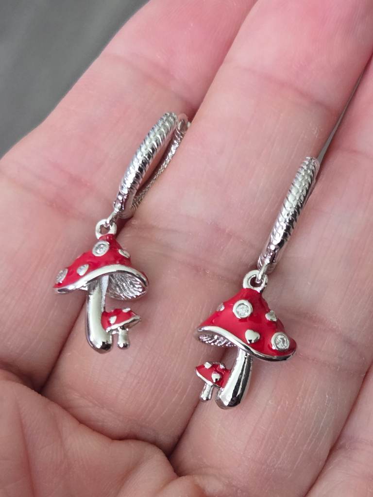 S925 Stamped Red Mushroom Hoop Earrings