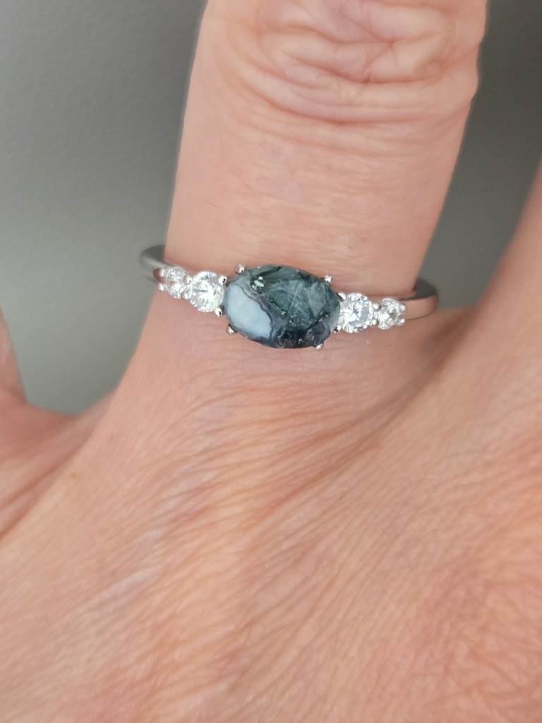 925 Sterling Silver Moss Agate Ring Size N1/2