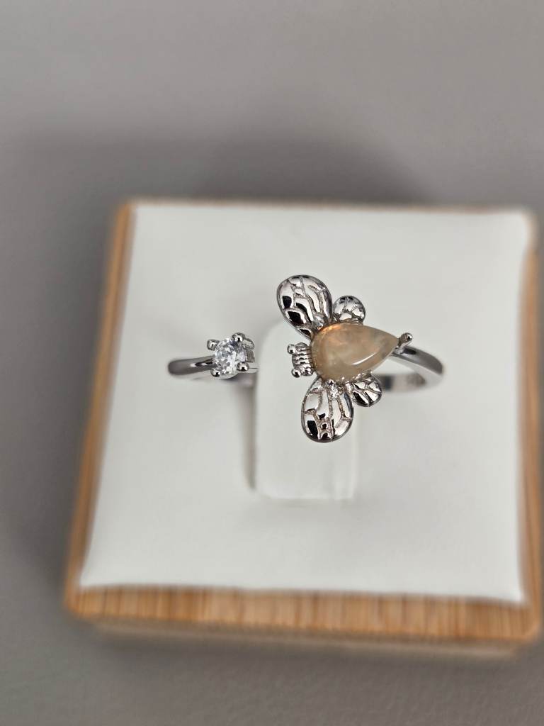 925 Sterling Silver Bee Ring Adjustable Ring CZ Accent Nature Insect Ring