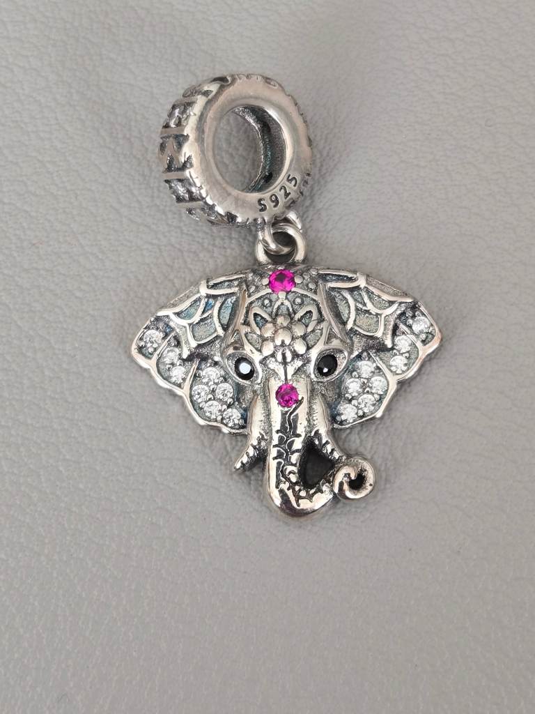 S925 Sterling Silver Elephant Dangle Charm Pink CZ Crystal Pendant