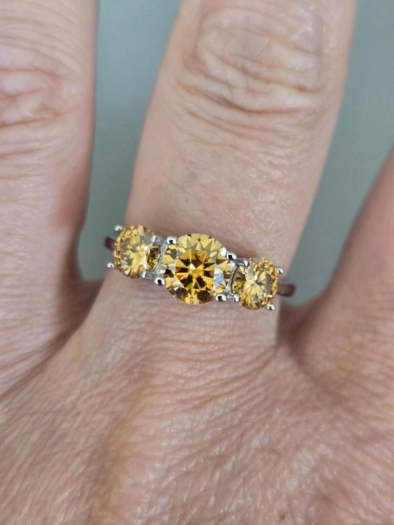 925 Sterling Silver Champagne yellow Moissanite Trilogy Ring 2CT TW Size Q½ / US 8