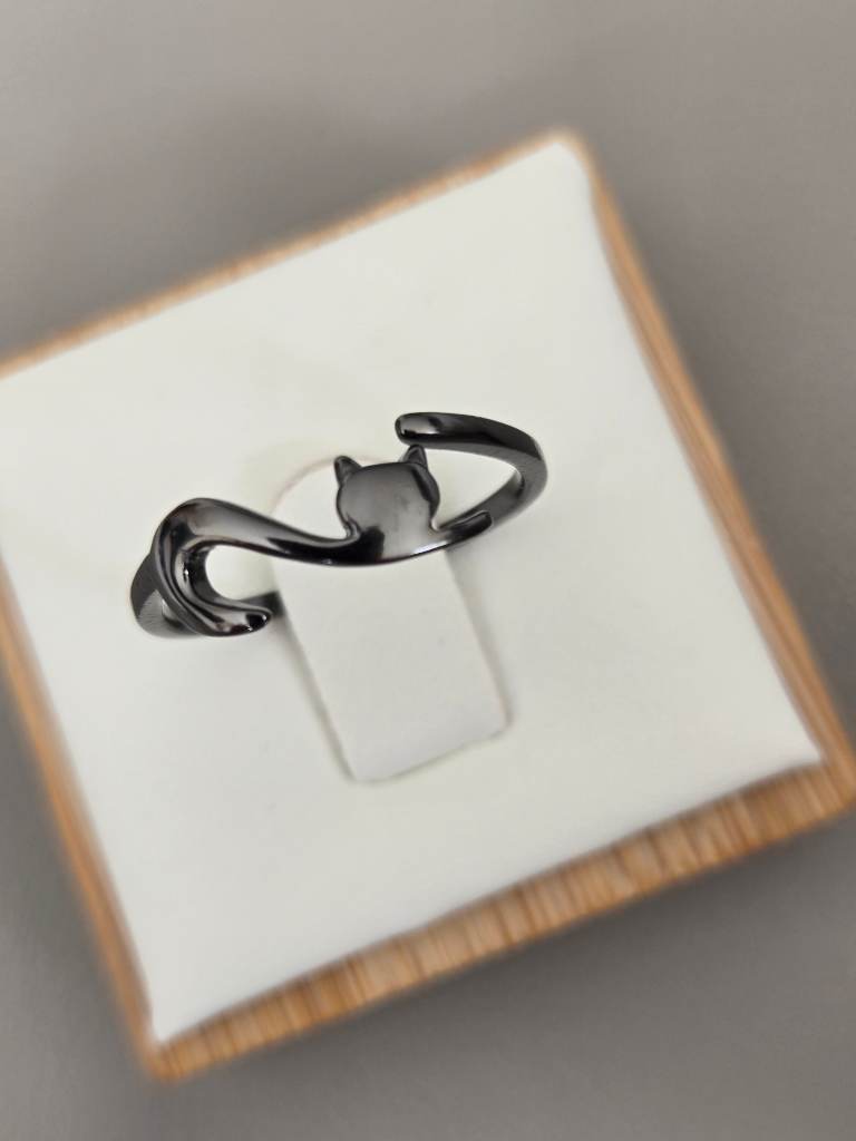 925 Sterling Silver Black Gold Plated Cat Ring Adjustable Open Ring N½ Gothic