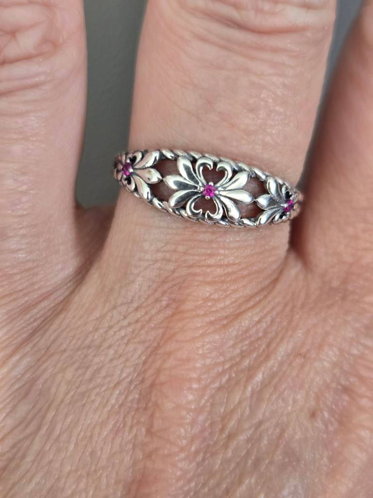 925 Sterling Silver Floral Filigree Ring Pink Crystal Flower Vintage Style Size Q