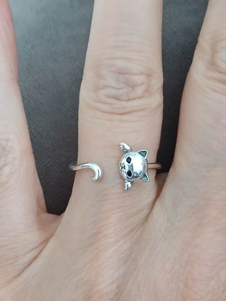 Sterling Silver Cat & Moon Adjustable Ring S925 Cute Kitty Ring