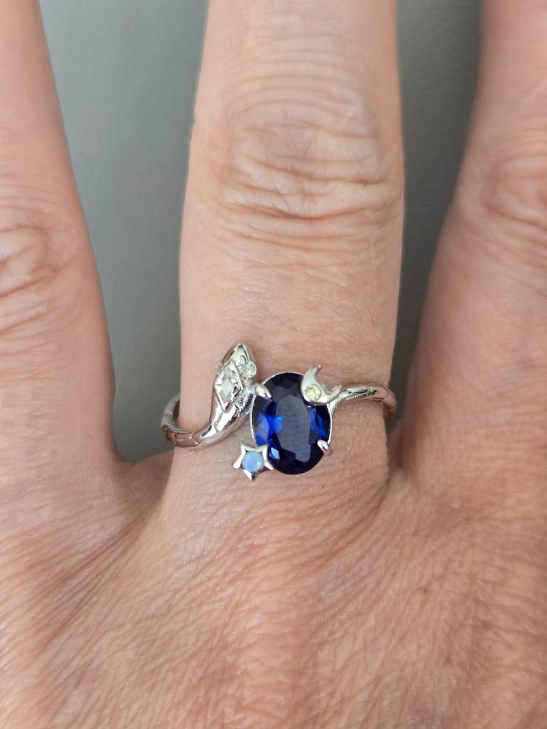 925 Sterling Silver Blue CZ Moon Star Snake Ring Size Q 1/2