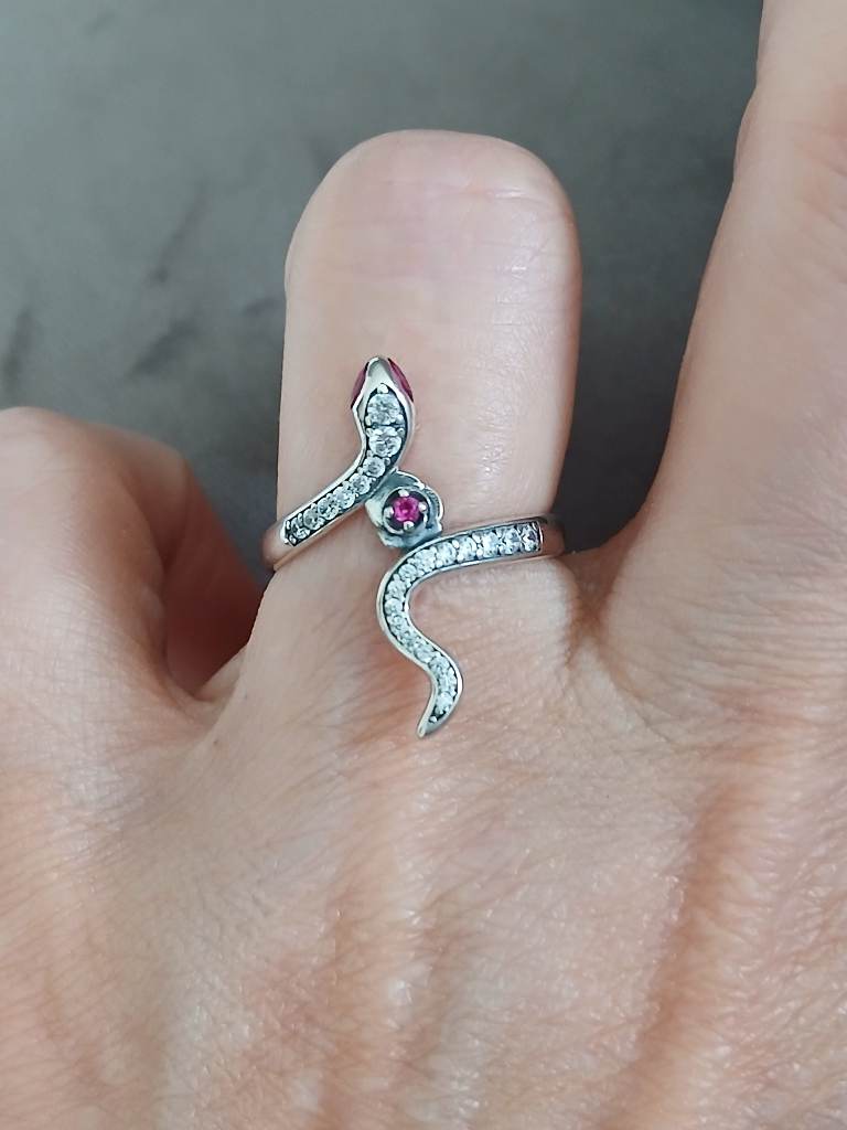 Sterling Silver S925 Snake Ring Pink CZ Eyes Adjustable Serpent Ring