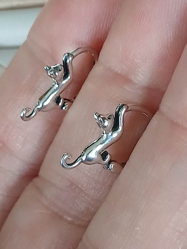 Sterling Silver Cat Hoop Earrings S925 Cute Kitty Animal Huggie Hoops