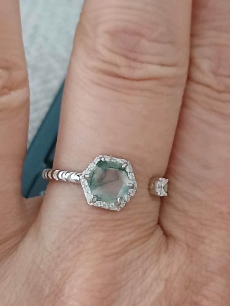 925 Sterling Silver Moss Agate Adjustable Ring with Halo Setting