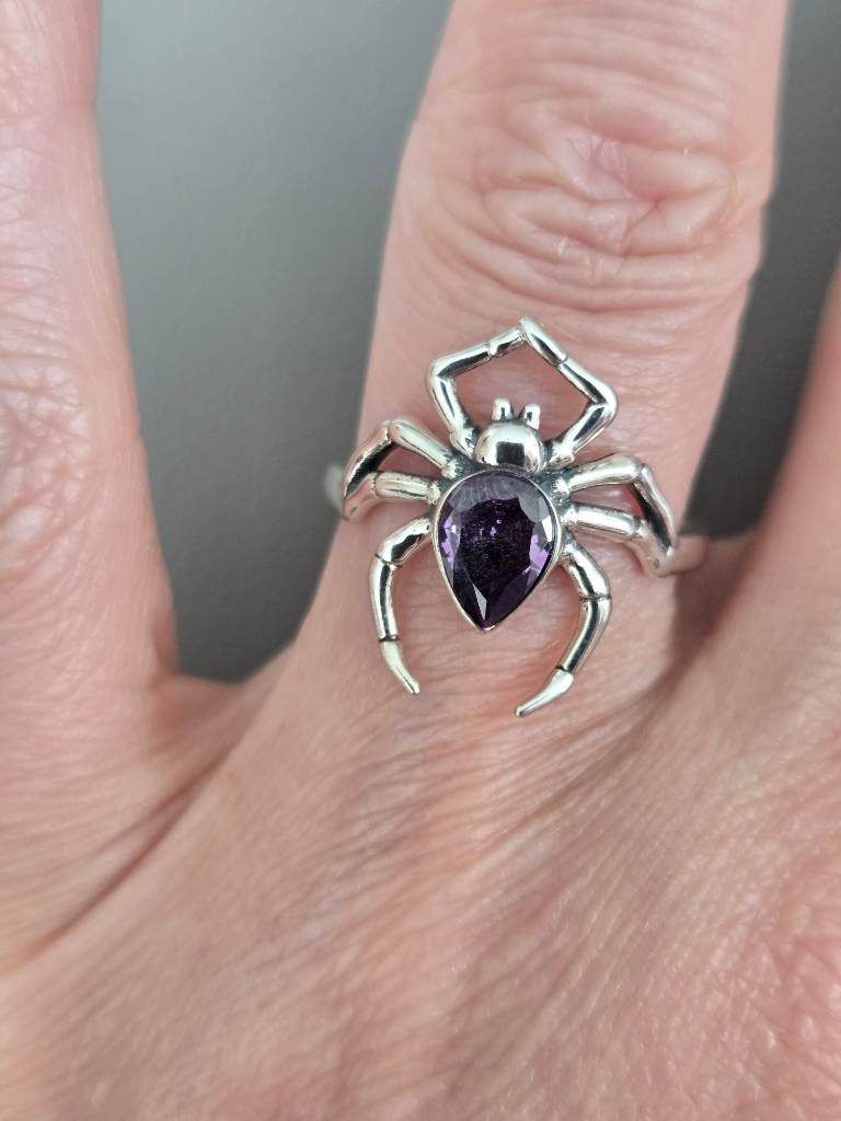 S925 Sterling Silver Spider Ring Purple Crystal Gothic Halloween Size O (7)