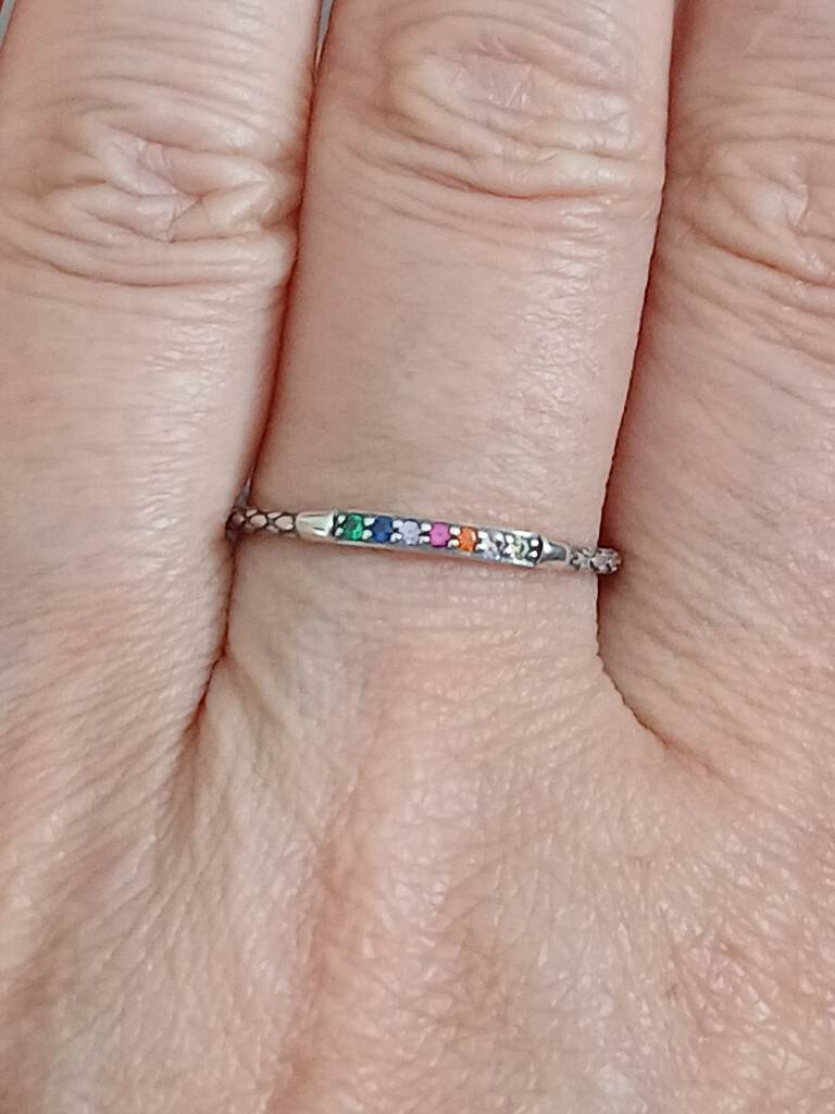 S925 Sterling Silver Rainbow CZ Stacking Ring Dainty Multicolour Band Size R 1/2