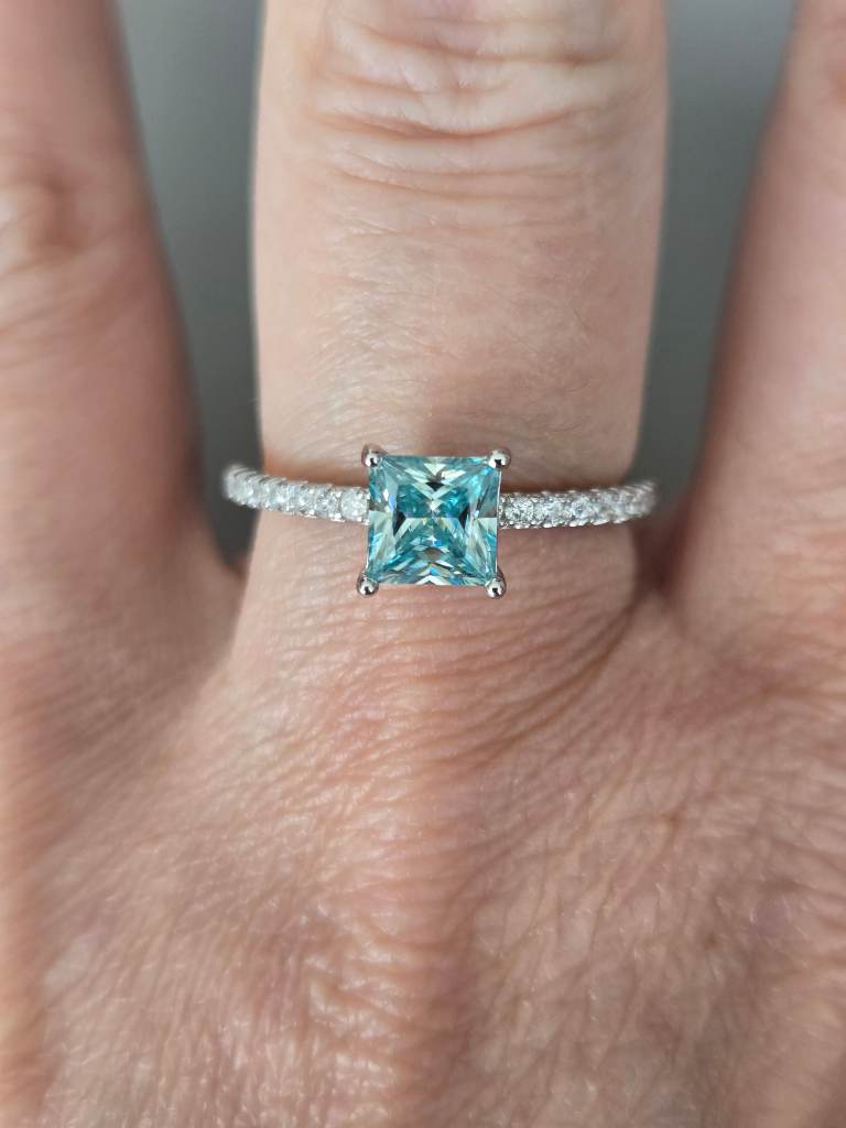 1ct Blue Princess Cut Moissanite Ring 925 Silver Size O½ GRA