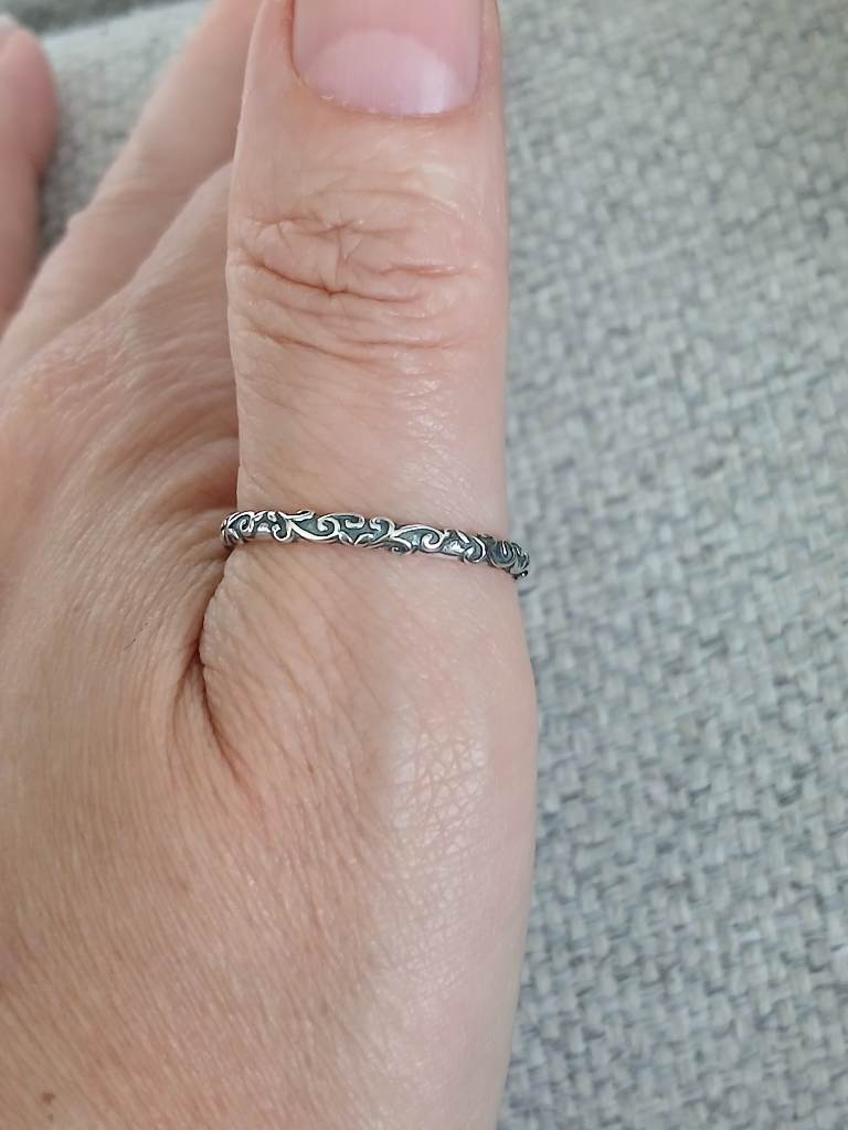 S925 Sterling Silver Boho Scroll Pattern Stacking Ring Vintage Style Size T 1/2
