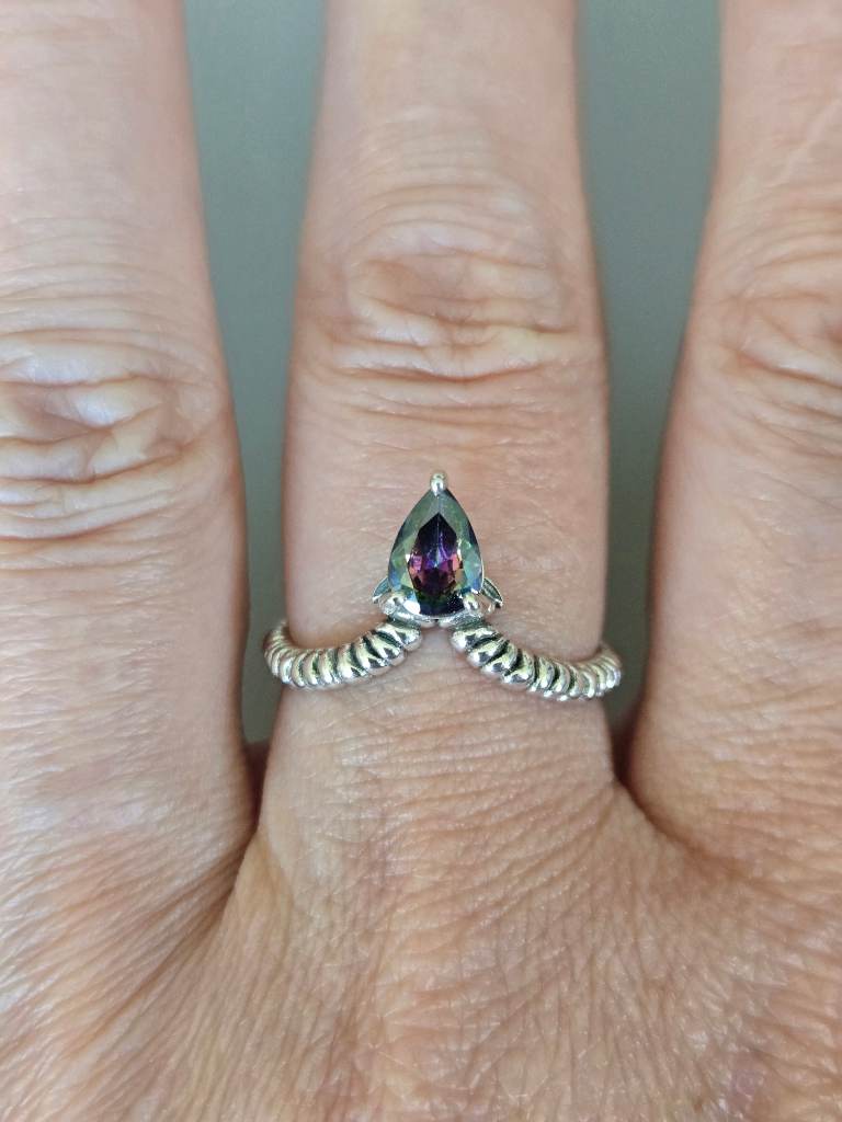 925 Silver Aries Ram Horn Ring Mystic Rainbow Stone Adjustable Zodiac Ring