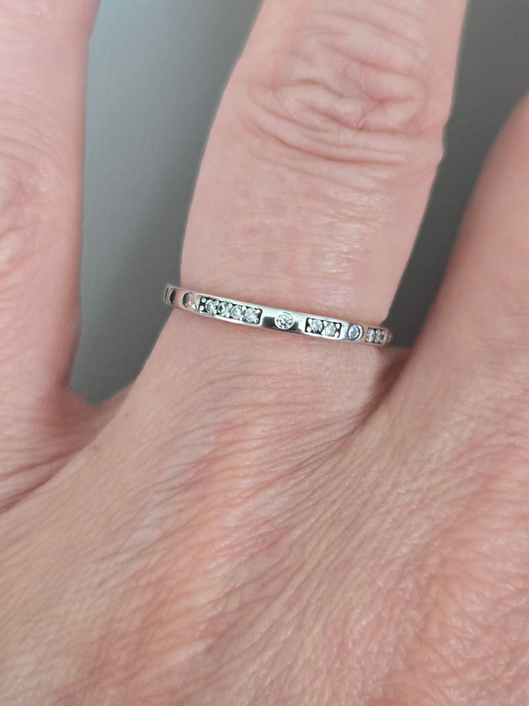 S925 Sterling Silver Morse Code Ring CZ Crystal Pattern Band Size L 1/2