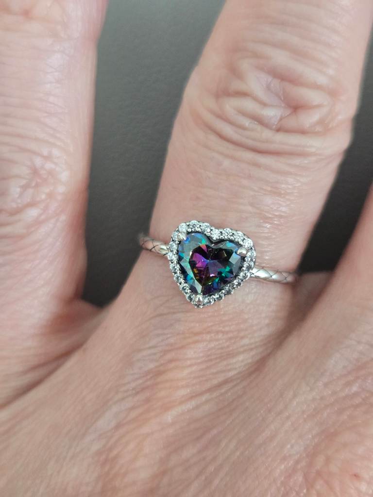 S925 Sterling Silver Rainbow Mystic Crystal Heart Ring CZ Halo Purple Blue Green Size L½