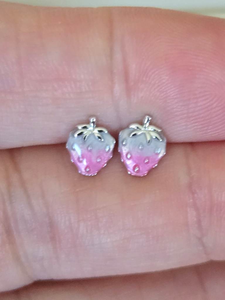 925 Sterling Silver Pink Strawberry Stud Earrings Cute Enamel Fruit Earrings or