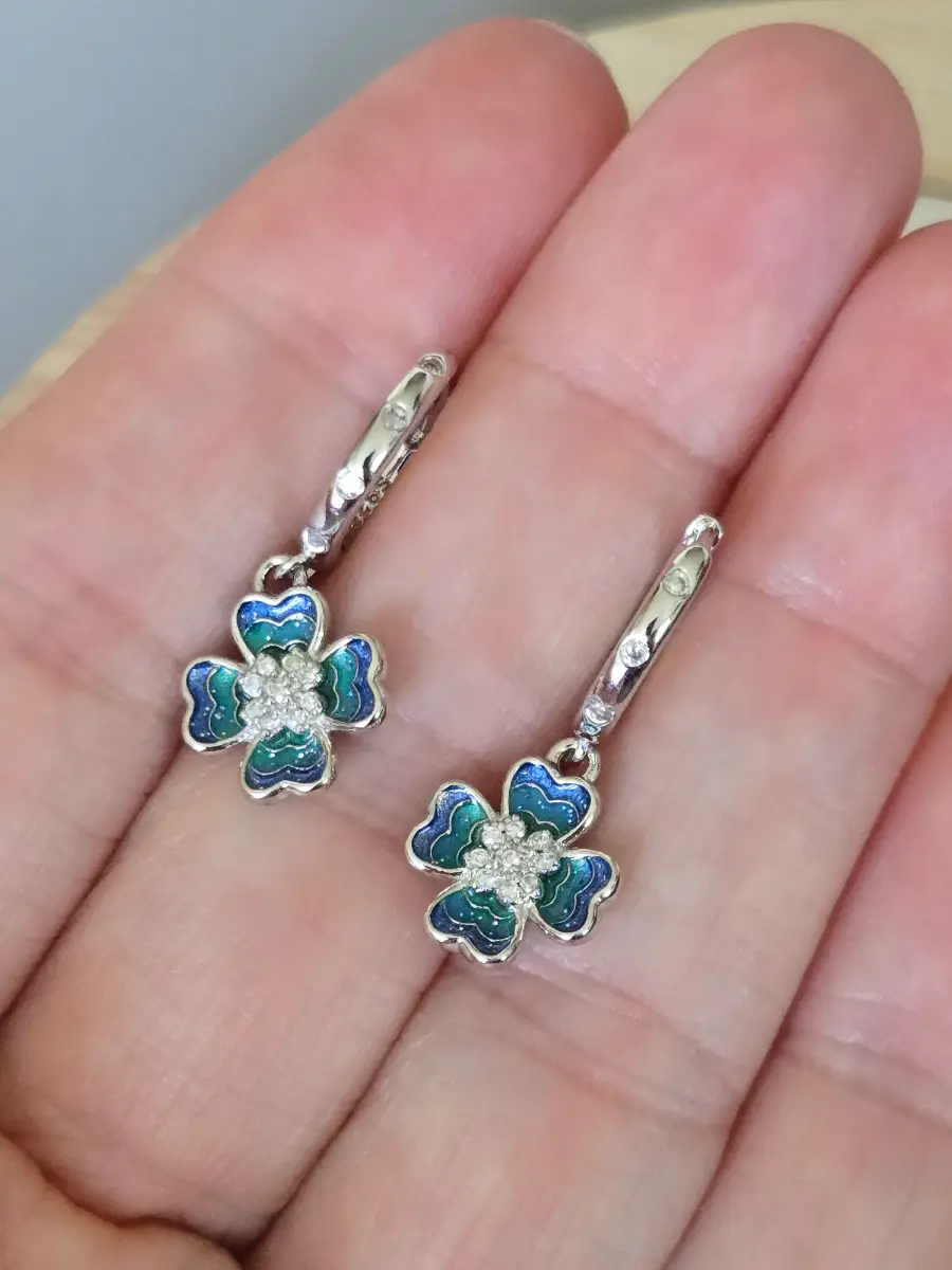 925 Sterling Silver Blue Enamel Flower Huggie Hoop Earrings CZ