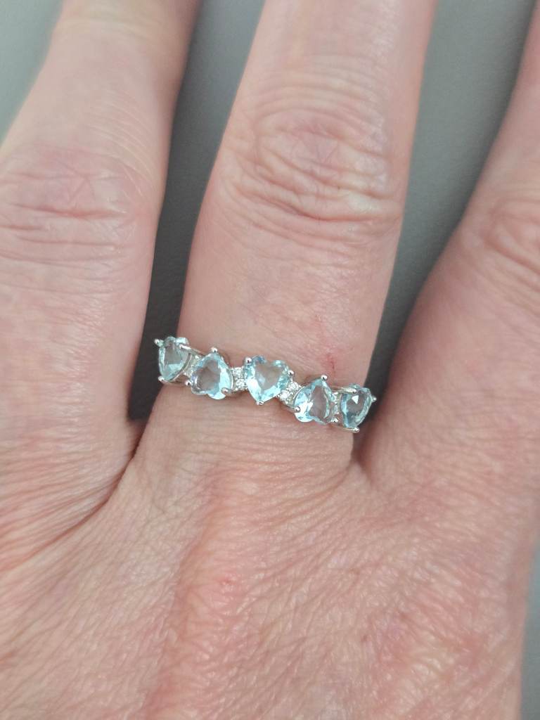 S925 Sterling Silver Heart Ring Aquamarine blue CZ Five Stone Ring Size P 1/2