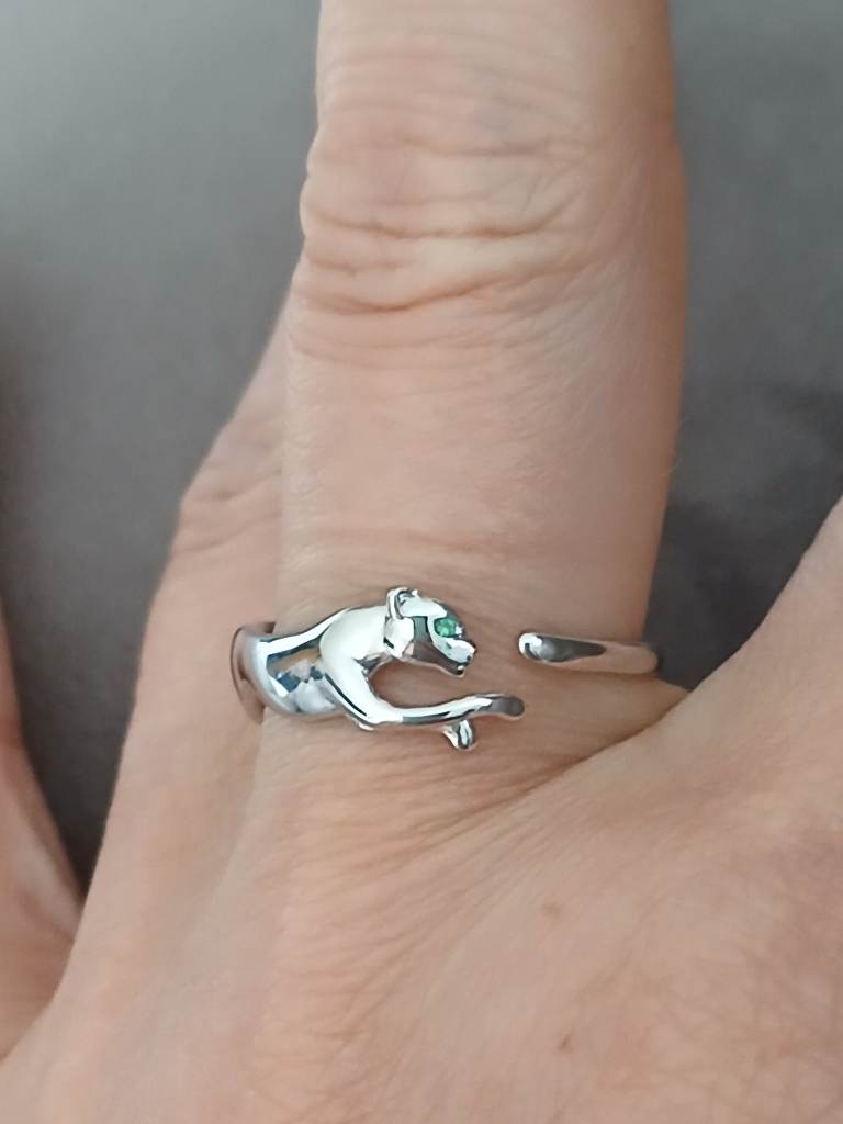 925 Sterling Silver Panther Ring Green Eyes Adjustable Open Wrap