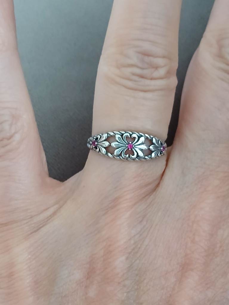 925 Sterling Silver Pink Floral Filigree Ring Size L 1/2