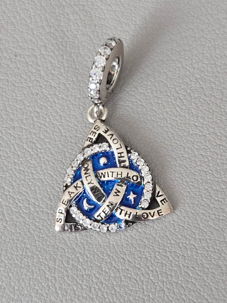S925 Sterling Silver Celestial Knot Dangle Charm Blue Enamel Stars Moon