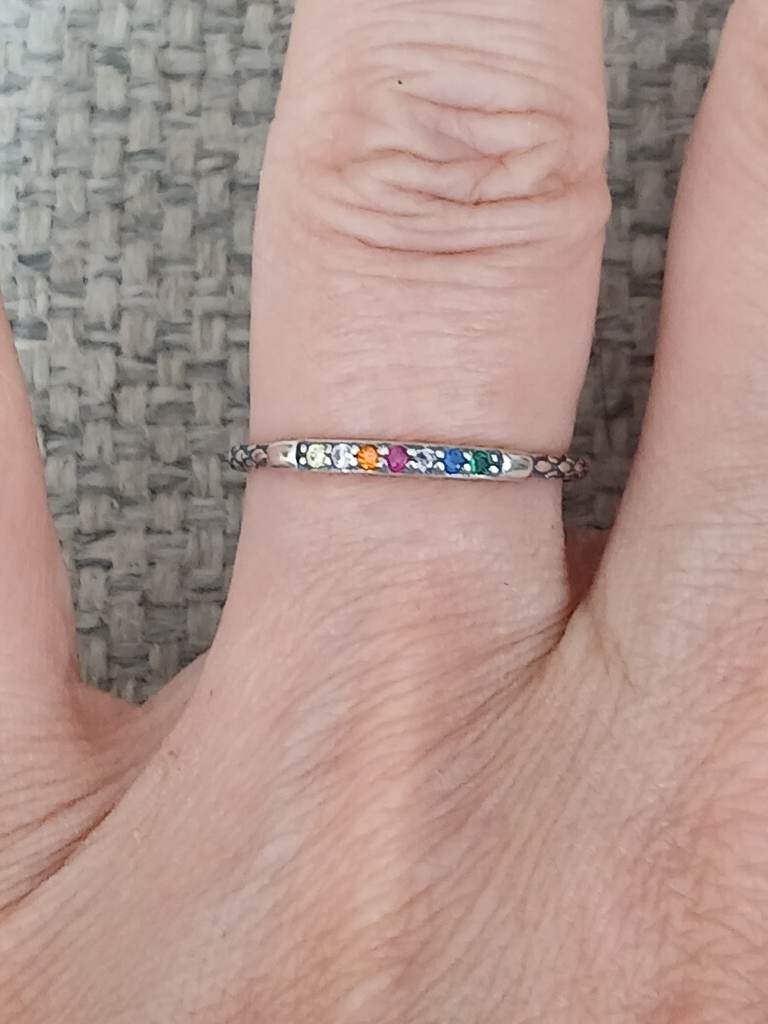 S925 Sterling Silver Rainbow CZ Ring – Size M