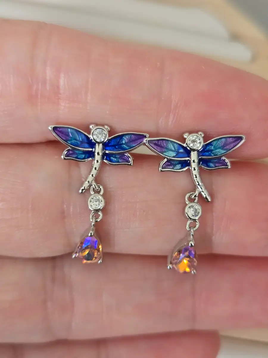 Dragonfly Drop Earrings Blue Purple Enamel Aurora Crystal Silver Tone Studs