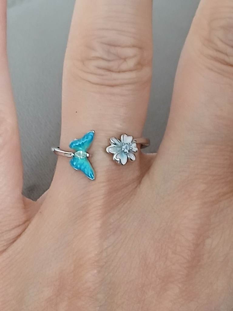 925 Sterling Silver Blue Enamel Butterfly Flower Adjustable Ring