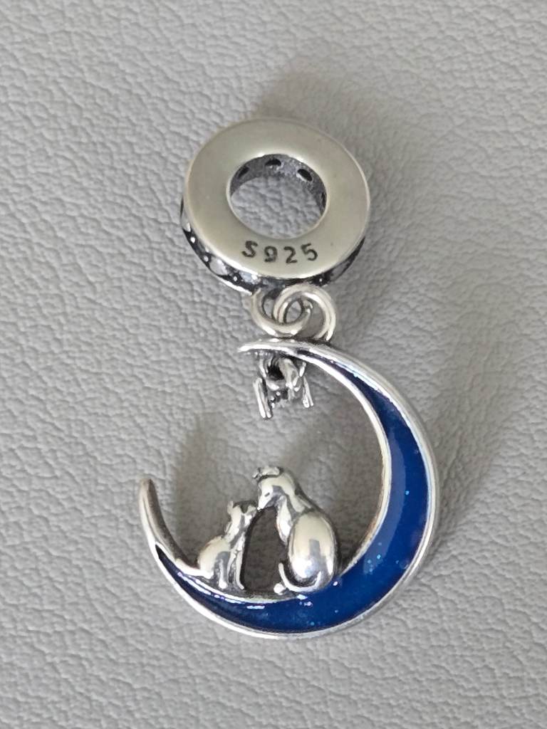 S925 Sterling Silver Cat & Kitten Moon Dangle Charm Blue CZ