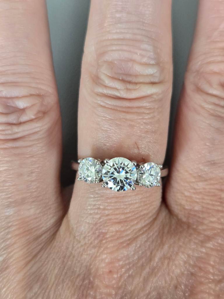 2CT TW Moissanite Trilogy Ring S925 Sterling Silver Gold Plated GRA Size Q US 8