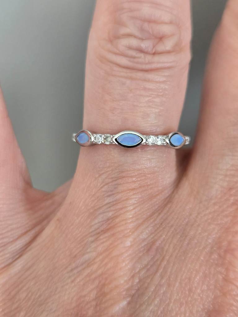 925 Sterling Silver Blue Opal Horse Eye Ring CZ Lucky Eye Ring Size N1/2