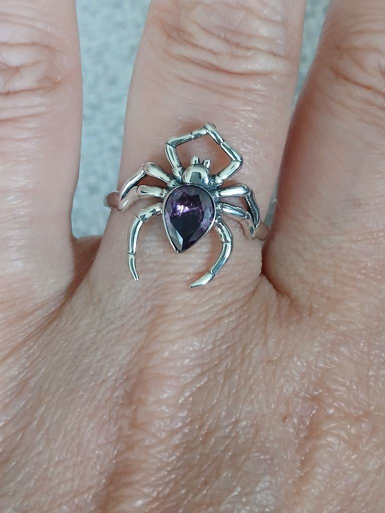 Sterling Silver Spider Ring S925 Purple CZ Gothic Ring Size P½