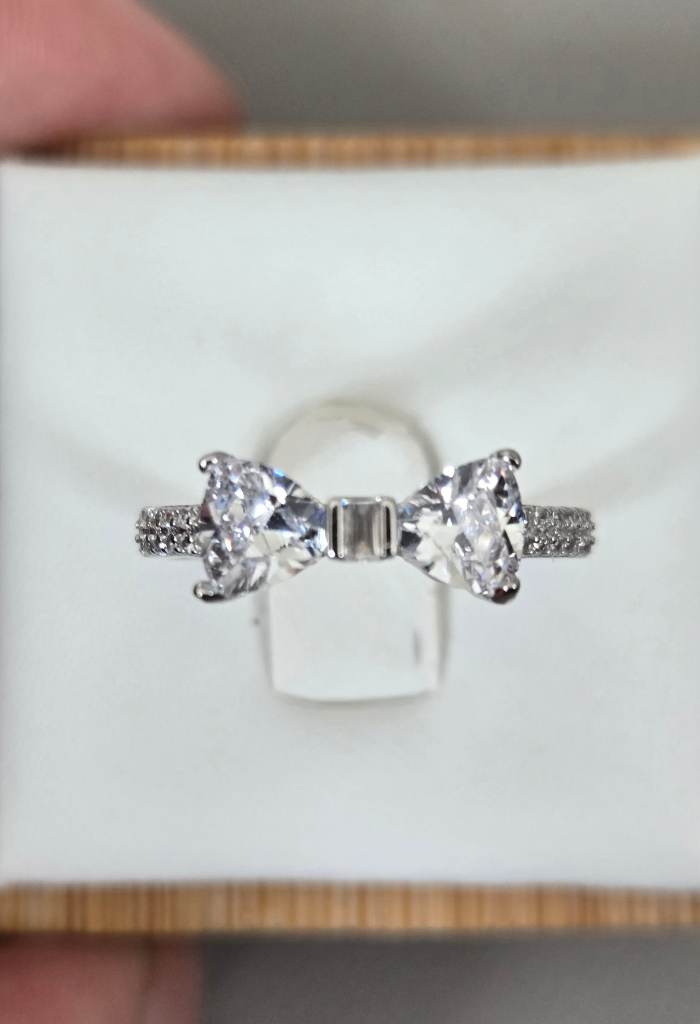 S925 Sterling Silver Bow Ring Cubic Zirconia Crystal Sparkly Band Size L 1/2