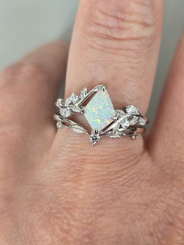 925 Sterling Silver Opal Ring Set 2pc White Fire Opal & CZ Leaf Vine Rings Size P½