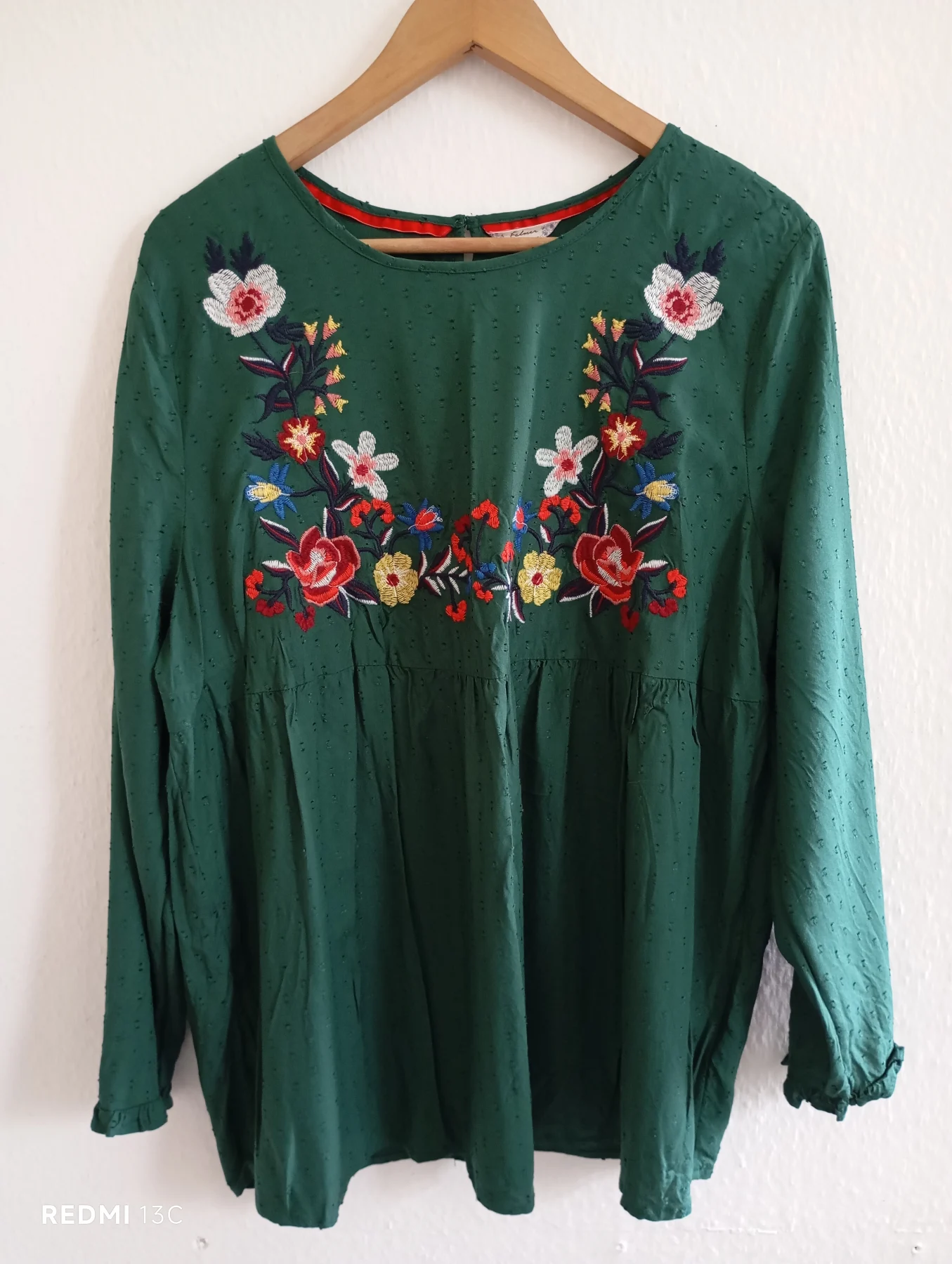 Falmer Heritage green front embroidery smock style blouse. VGC