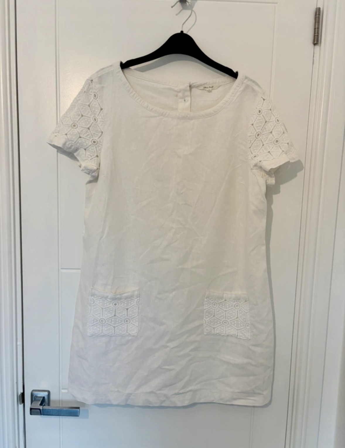 White Stuff White Linen Blend Shift Dress Eyelet Lace Detail Size 14 Summer Boho Cottagecore