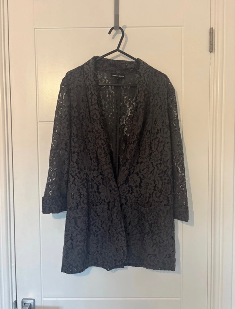 Warehouse Black Sheer Floral Lace Longline Blazer Duster Jacket Whimsigoth Gothic Boho