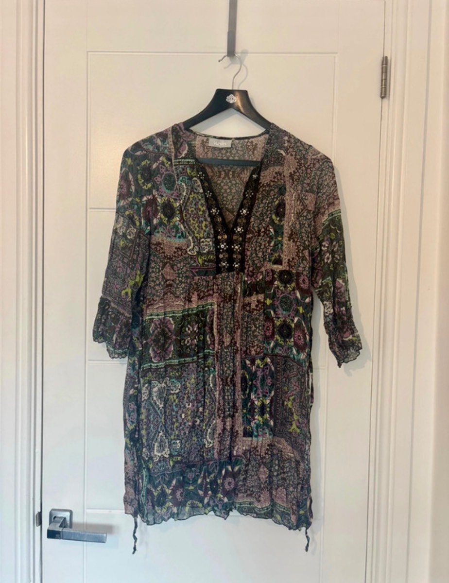 Wallis Boho Patchwork Beaded V-Neck Tunic Dress Size S Boho Cottagecore