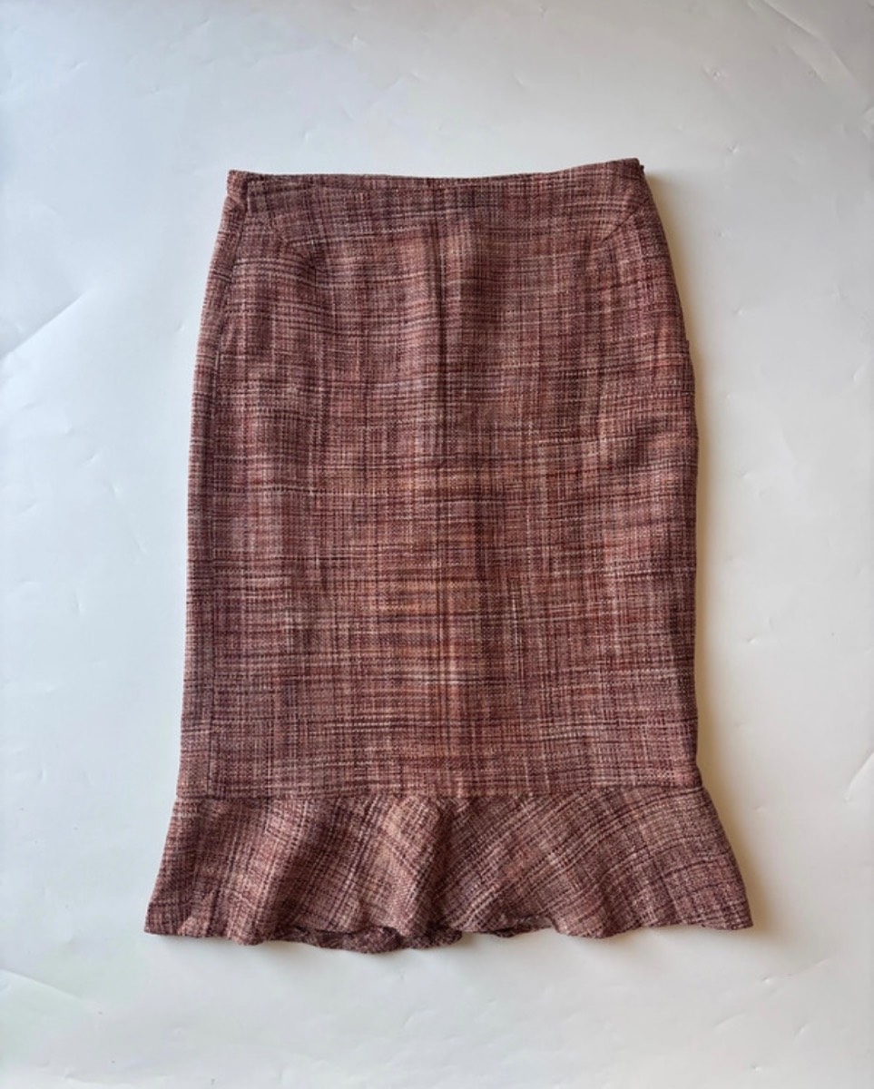 Zara Woman 100% Silk Tweed Bouclé Flounce Hem Midi Pencil Skirt S / UK 10 Vintage