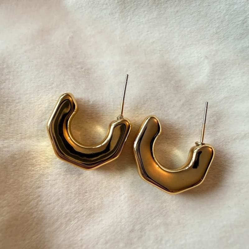 Gold Tone Chunky U-Shaped Hoop Earrings Sculptural Statement Design